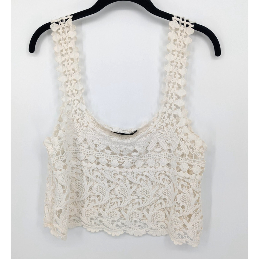 Dulcie Tank Top‎ Womens Medium Ivory Crochet Sheer Cropped Lace Boho Festival